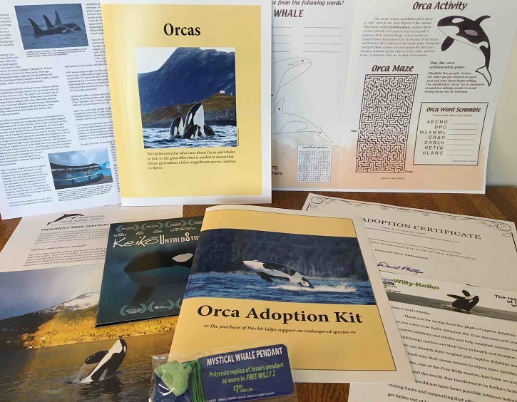 The Keiko Adoption Kit includes an info booklet, a Mystical Whale Pendant, a full-color orca poster, a personalized orca adoption certificate, and a special photo of Keiko in Norway.